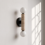 Baton Dual Globe Sconce - Travertine- two matte white spherical shades, a cylindrical natural stone column in the center | IINK Interiors