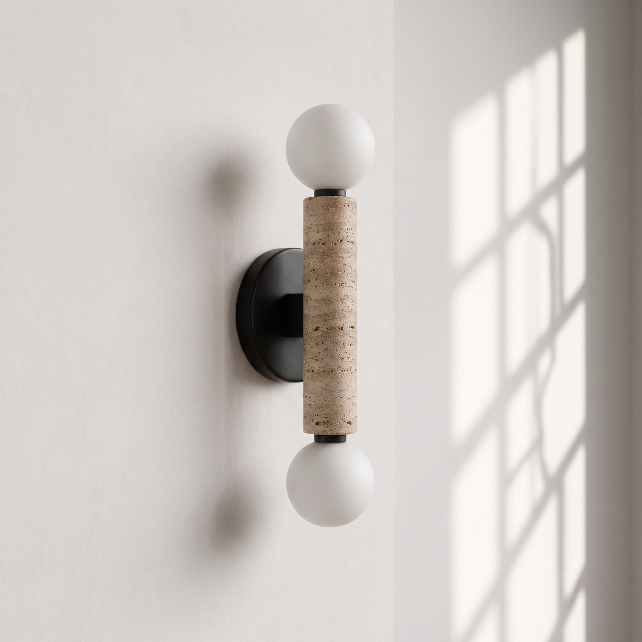 Baton Dual Globe Sconce - Travertine- two matte white spherical shades, a cylindrical natural stone column in the center | IINK Interiors