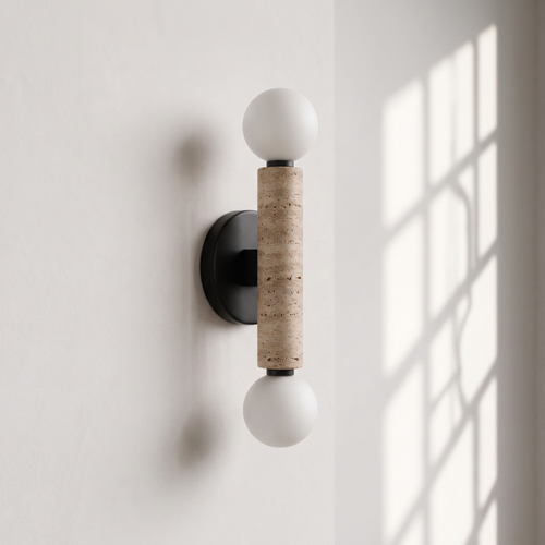 Baton Dual Globe Sconce - Travertine- two matte white spherical shades, a cylindrical natural stone column in the center | IINK Interiors