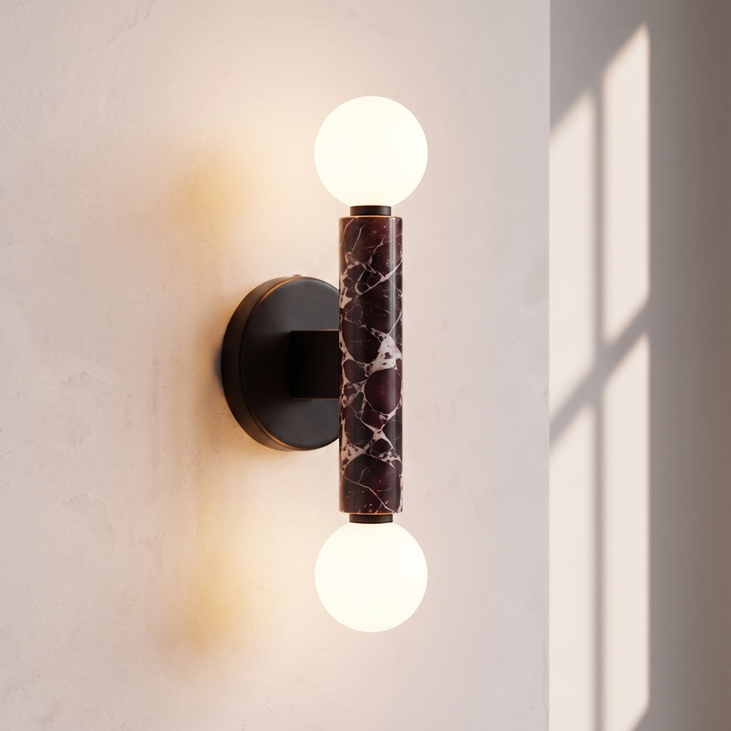 Baton Dual Globe Sconce - Rosso Levanto- two glowing white globe bulbs and a central dark marble column | IINK Interiors