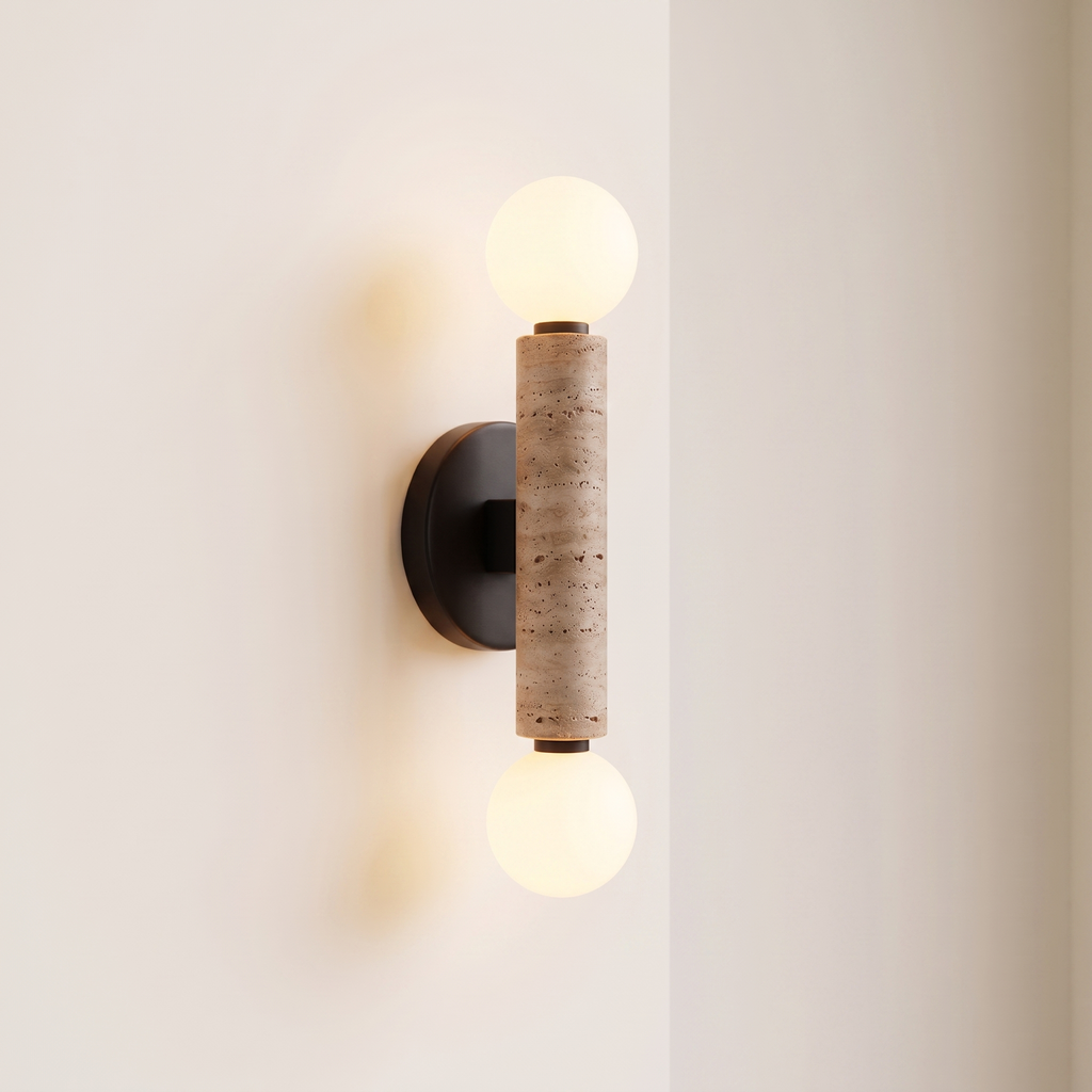 Baton Dual Globe Sconce - Travertine- two matte white spherical shades, a cylindrical natural stone column in the center | IINK Interiors