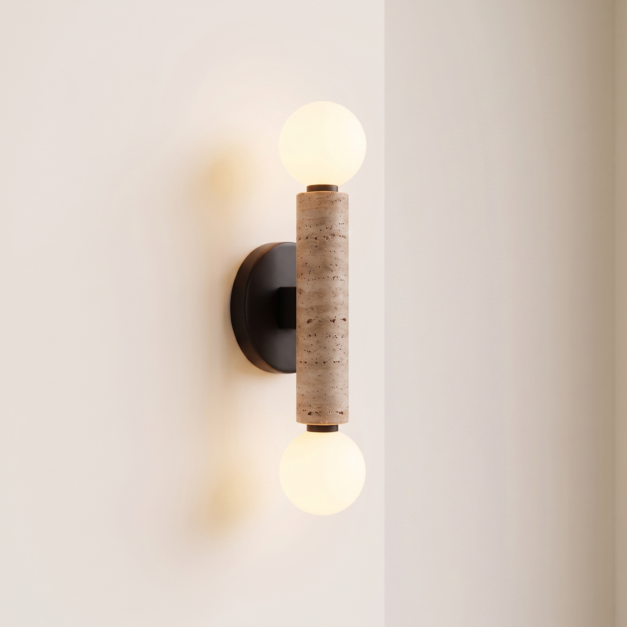 Baton Dual Globe Sconce - Travertine- two matte white spherical shades, a cylindrical natural stone column in the center | IINK Interiors