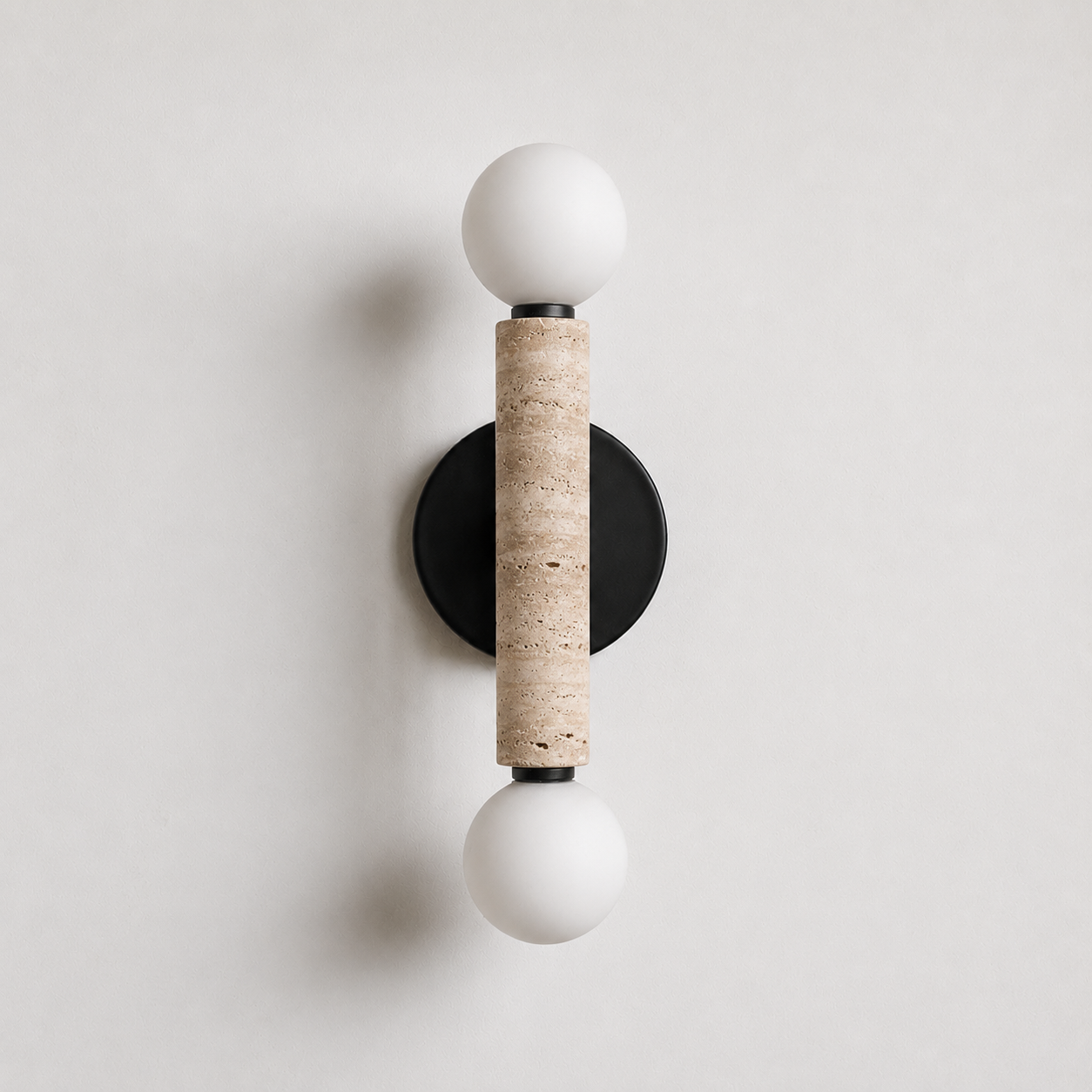 Baton Dual Globe Sconce - Travertine- two matte white spherical shades, a cylindrical natural stone column in the center | IINK Interiors