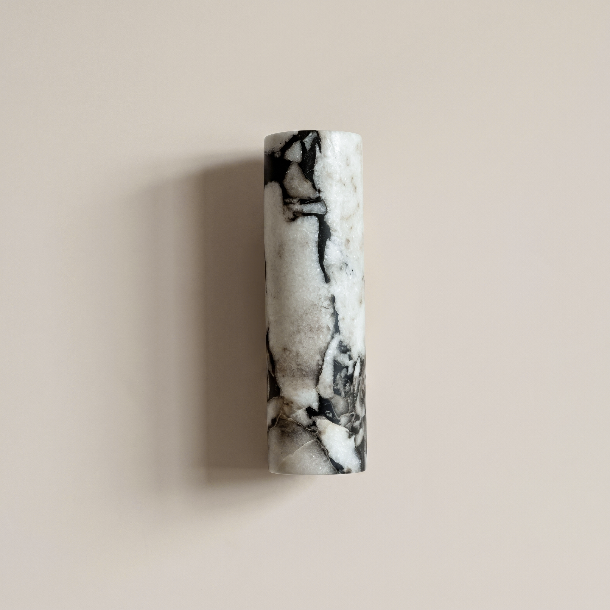 Up and down tube Sconce - Calacatta Viola- A modern wall-mounted sconce with a cylindrical marble shade featuring black and cream veining | IINK Interiors