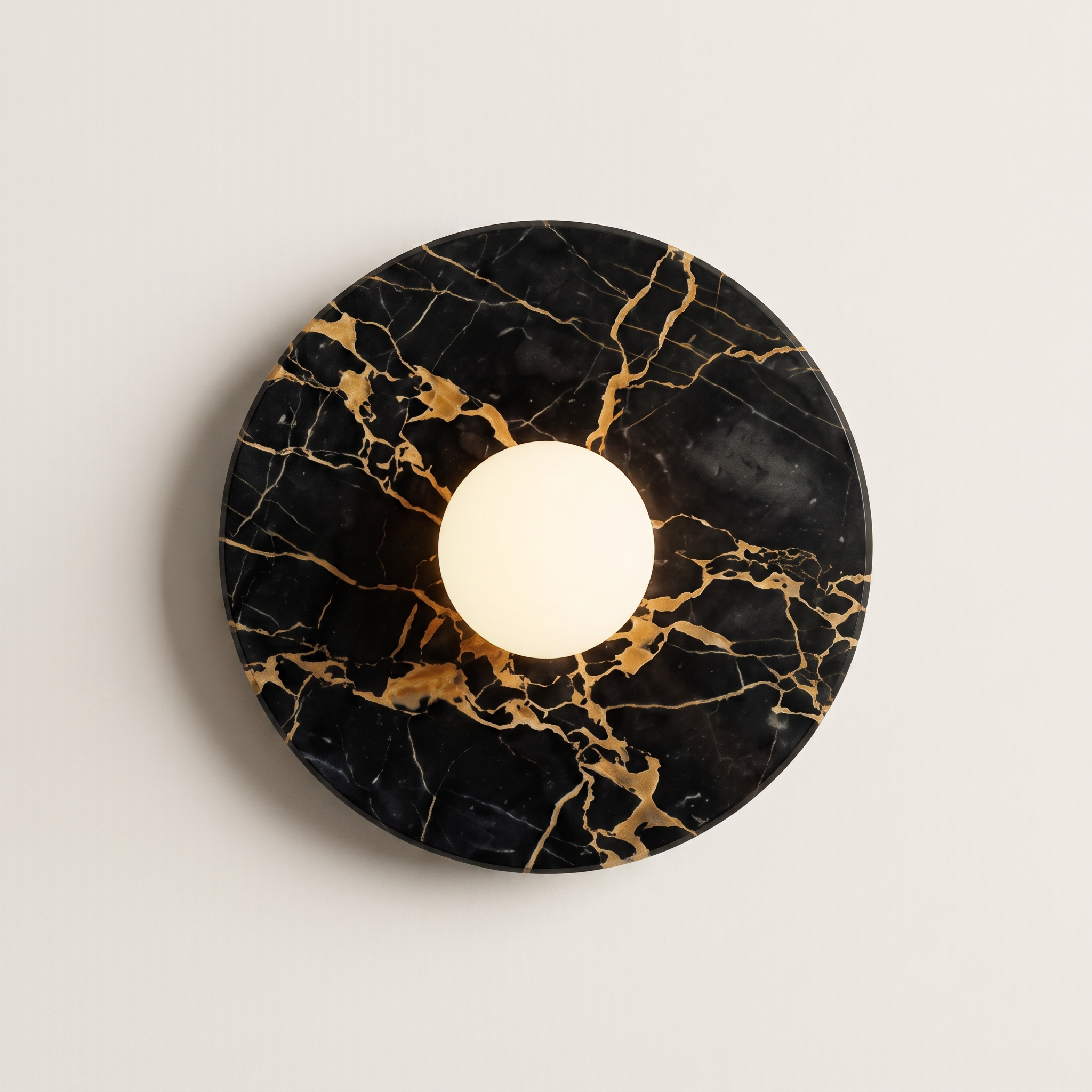 Tondo Planar Sconce - Nero Portoro- A round black marble wall sconce with elegant gold veining | IINK Interiors