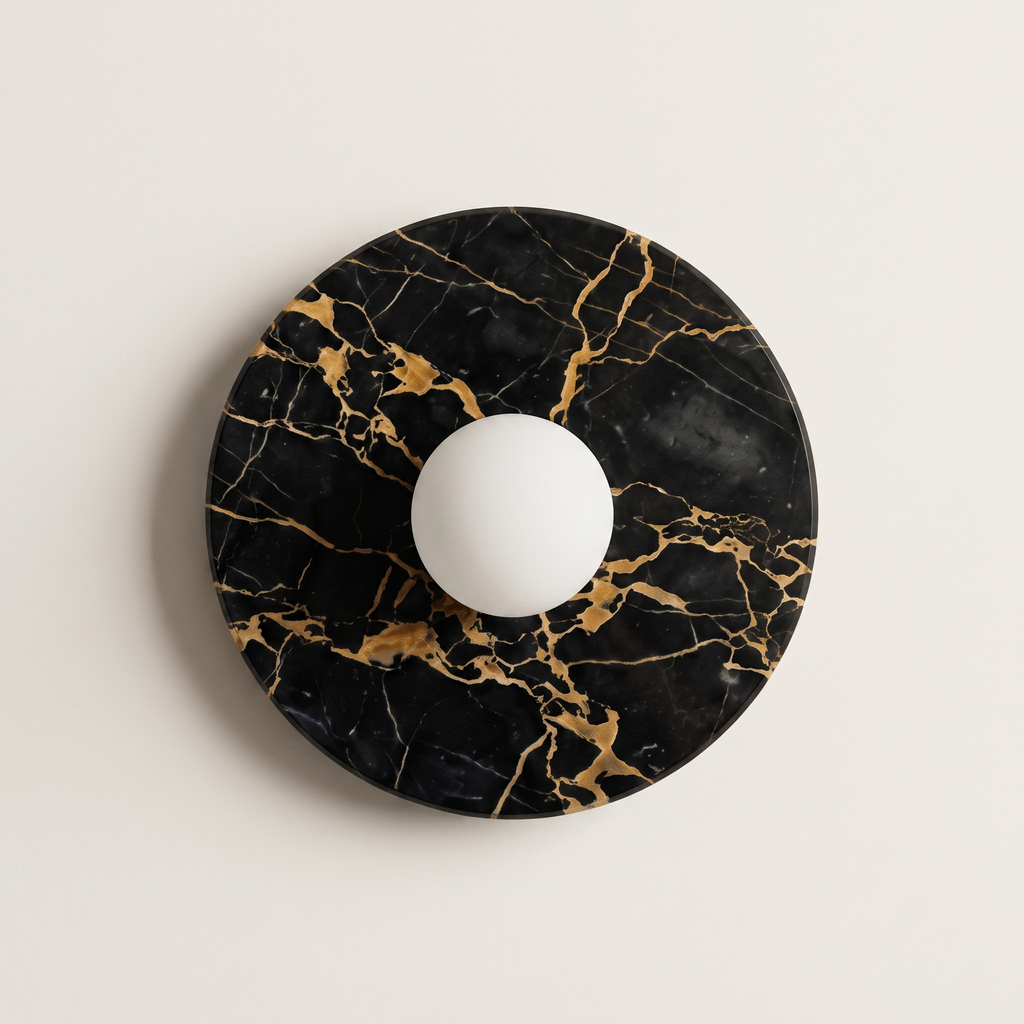 Tondo Planar Sconce - Nero Portoro- A round black marble wall sconce with elegant gold veining | IINK Interiors