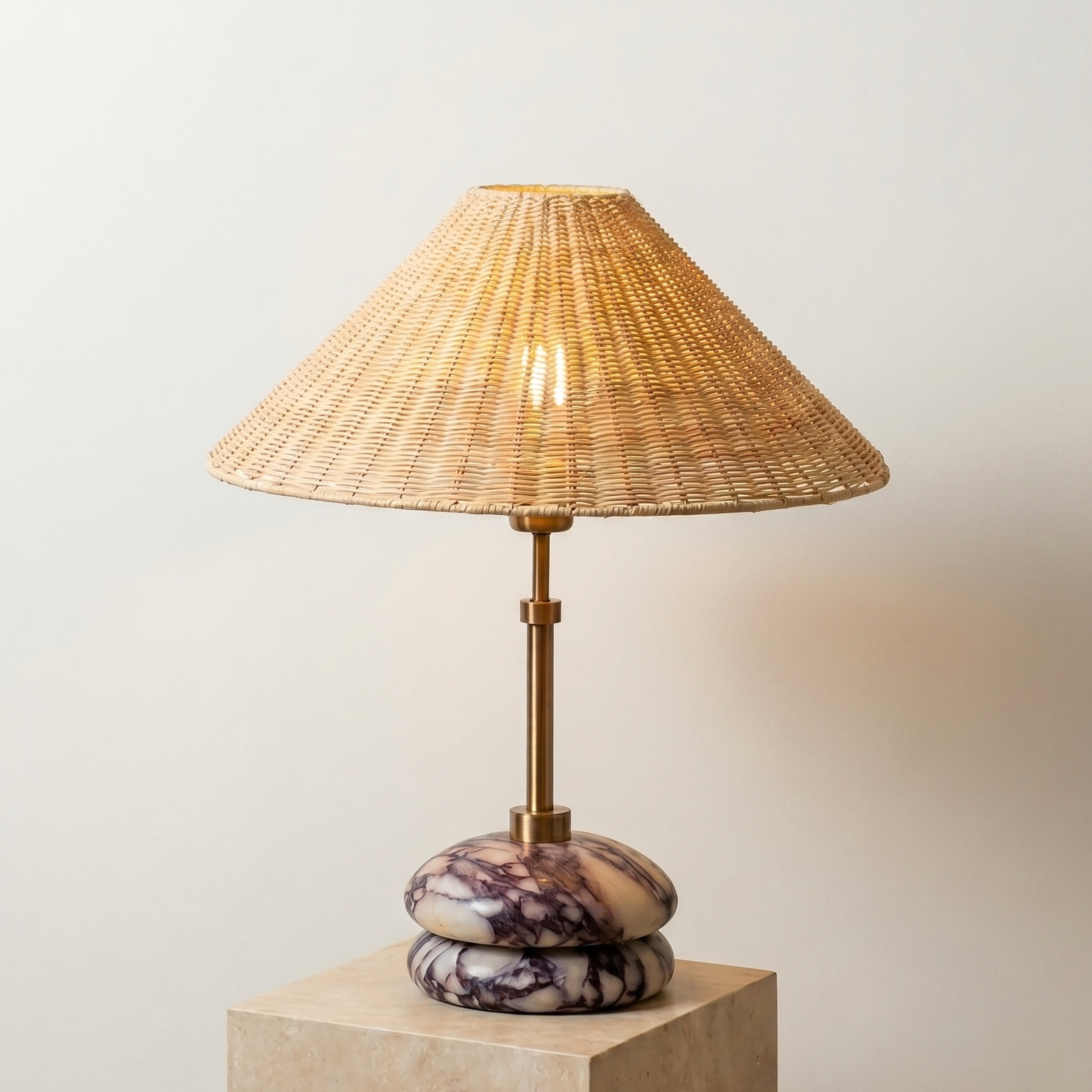 Plinth Table Lamp - Calacatta Viola | Brass & Rattan Shade