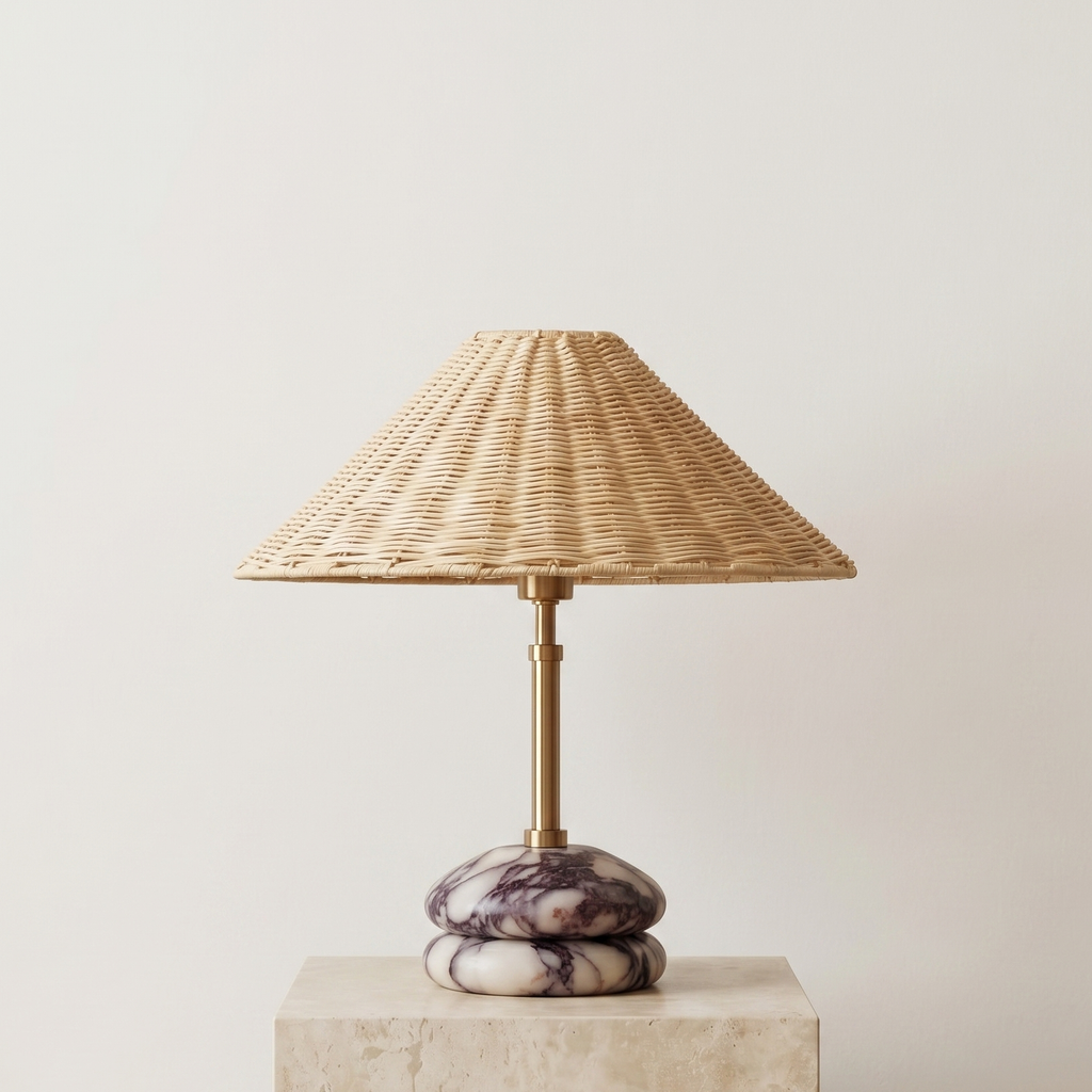 Plinth Table Lamp - Calacatta Viola | Brass & Rattan Shade