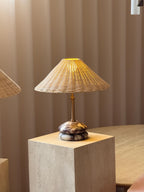 Plinth Table Lamp - Calacatta Viola | Brass & Rattan Shade