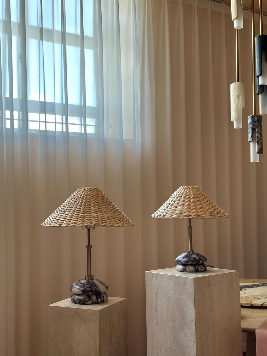 Plinth Table Lamp - Calacatta Viola | Brass & Rattan Shade