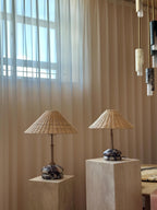 Plinth Table Lamp - Calacatta Viola | Brass & Rattan Shade