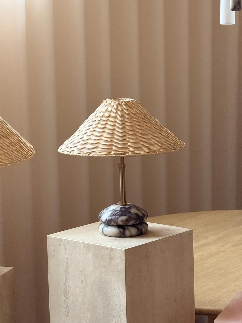 Plinth Table Lamp - Calacatta Viola | Brass & Rattan Shade