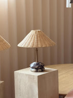 Plinth Table Lamp - Calacatta Viola | Brass & Rattan Shade