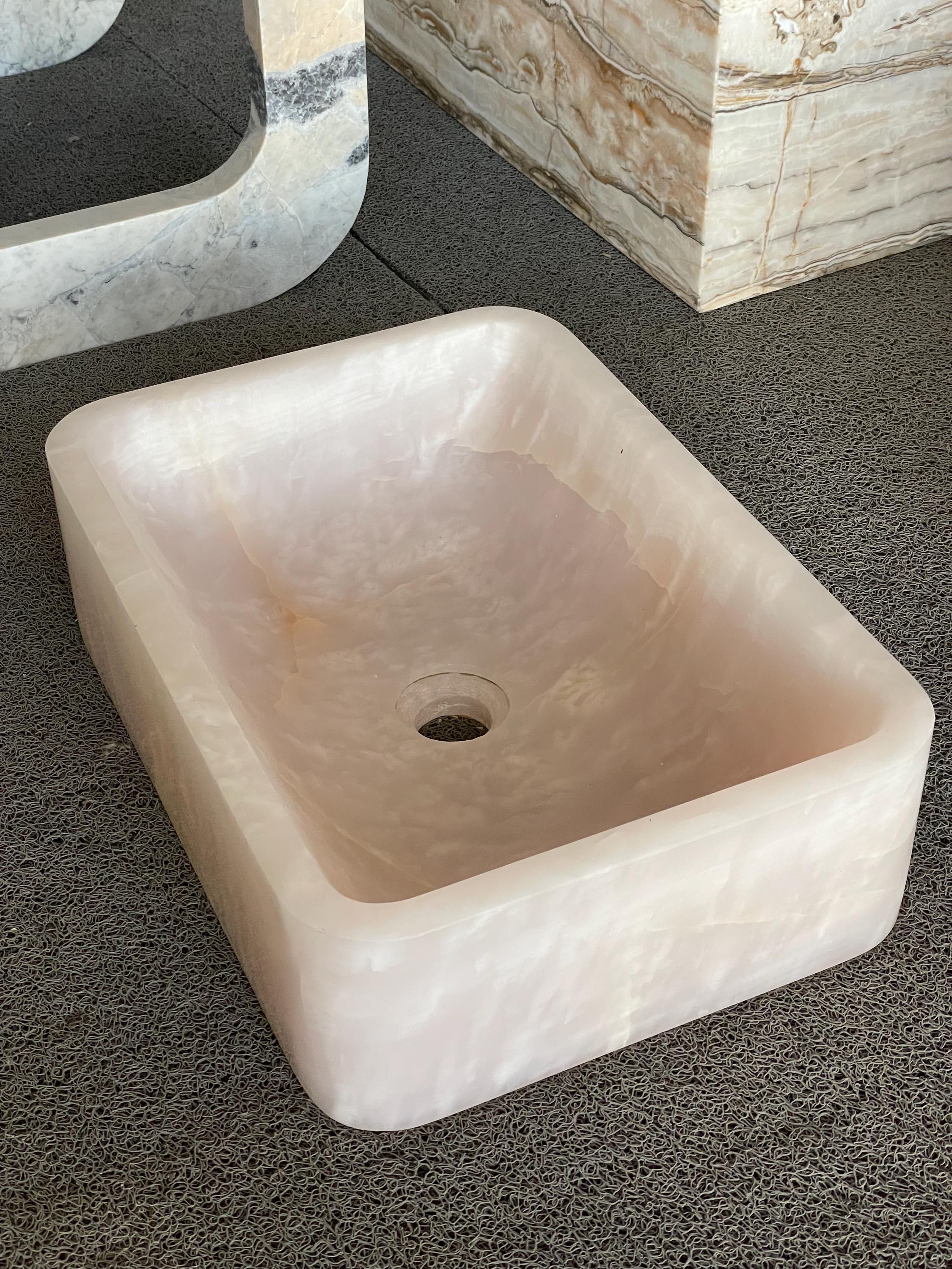 Pink Onyx Basin, Luxury Bathroom Vanity, Countertop Sink – Single Bowl Rectangular