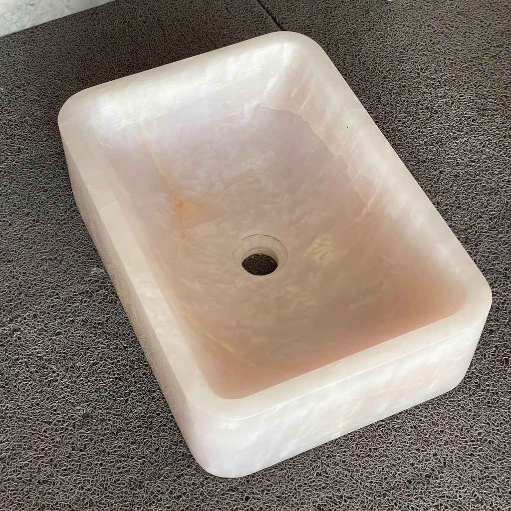 Pink Onyx Basin, Luxury Bathroom Vanity, Countertop Sink – Single Bowl Rectangular