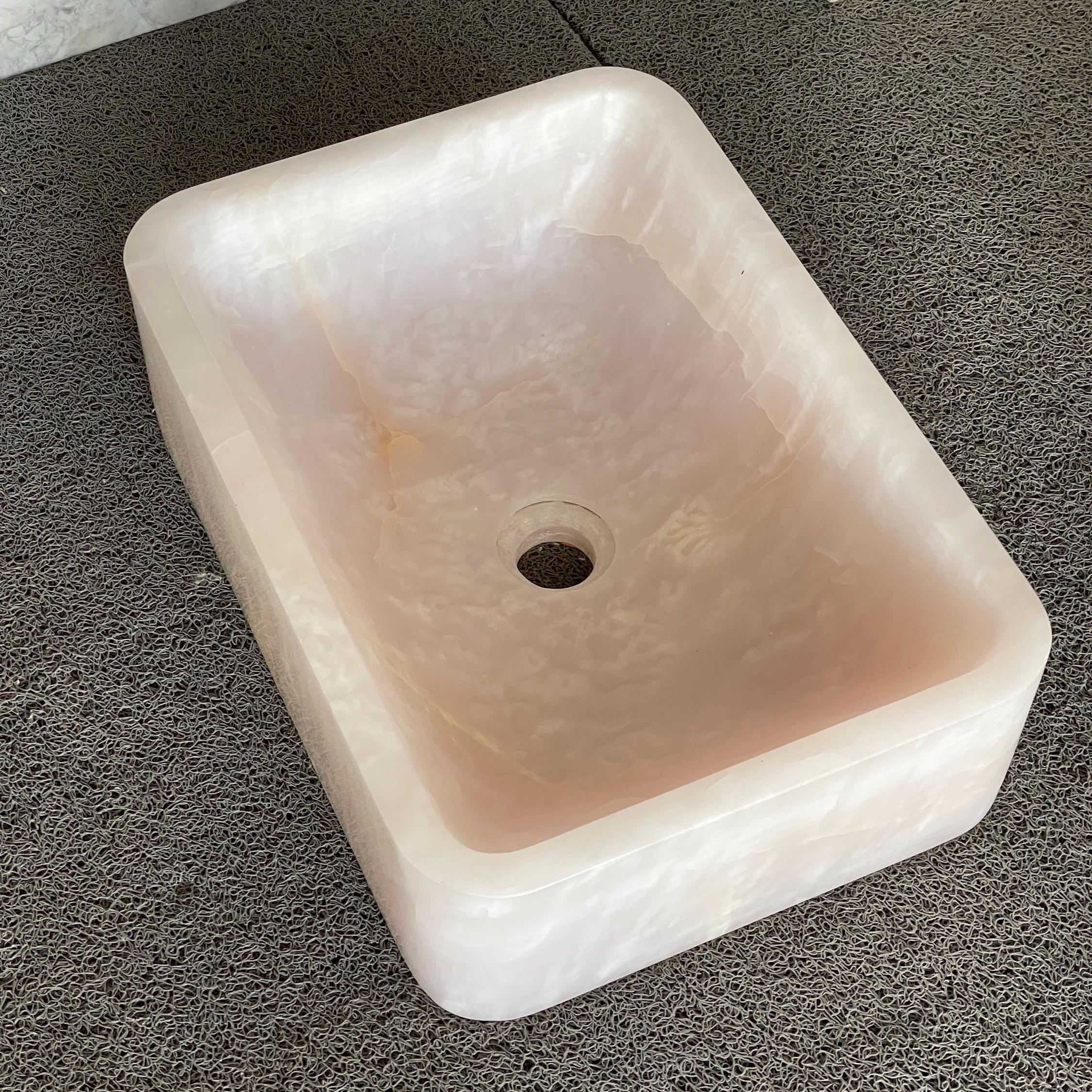 Pink Onyx Basin, Luxury Bathroom Vanity, Countertop Sink – Single Bowl Rectangular
