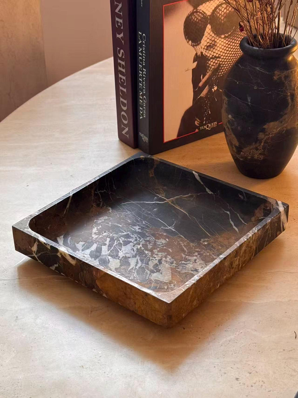 Nero Portoro Marble Square Tray – 20x20cm Stone Ottoman Serving Platter