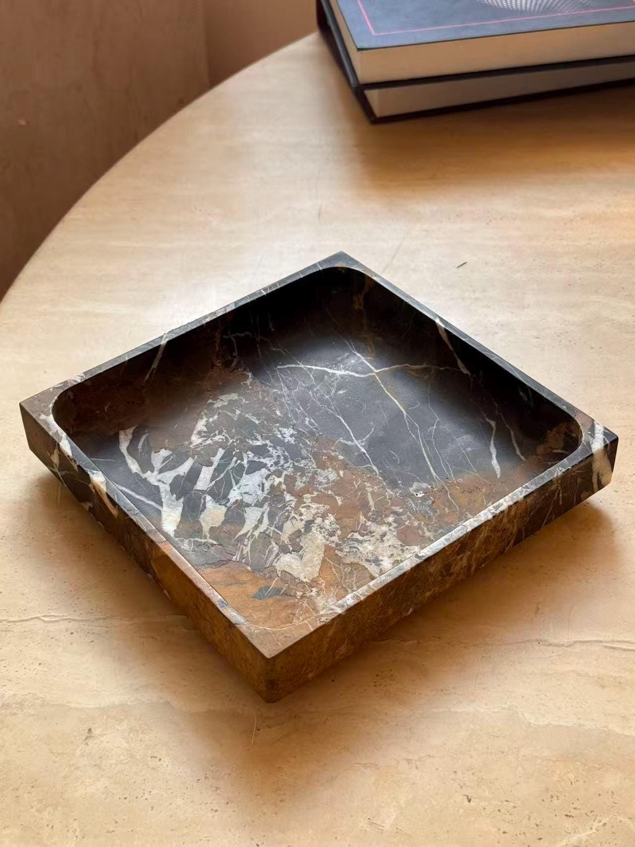 Nero Portoro Marble Square Tray – 20x20cm Stone Ottoman Serving Platter