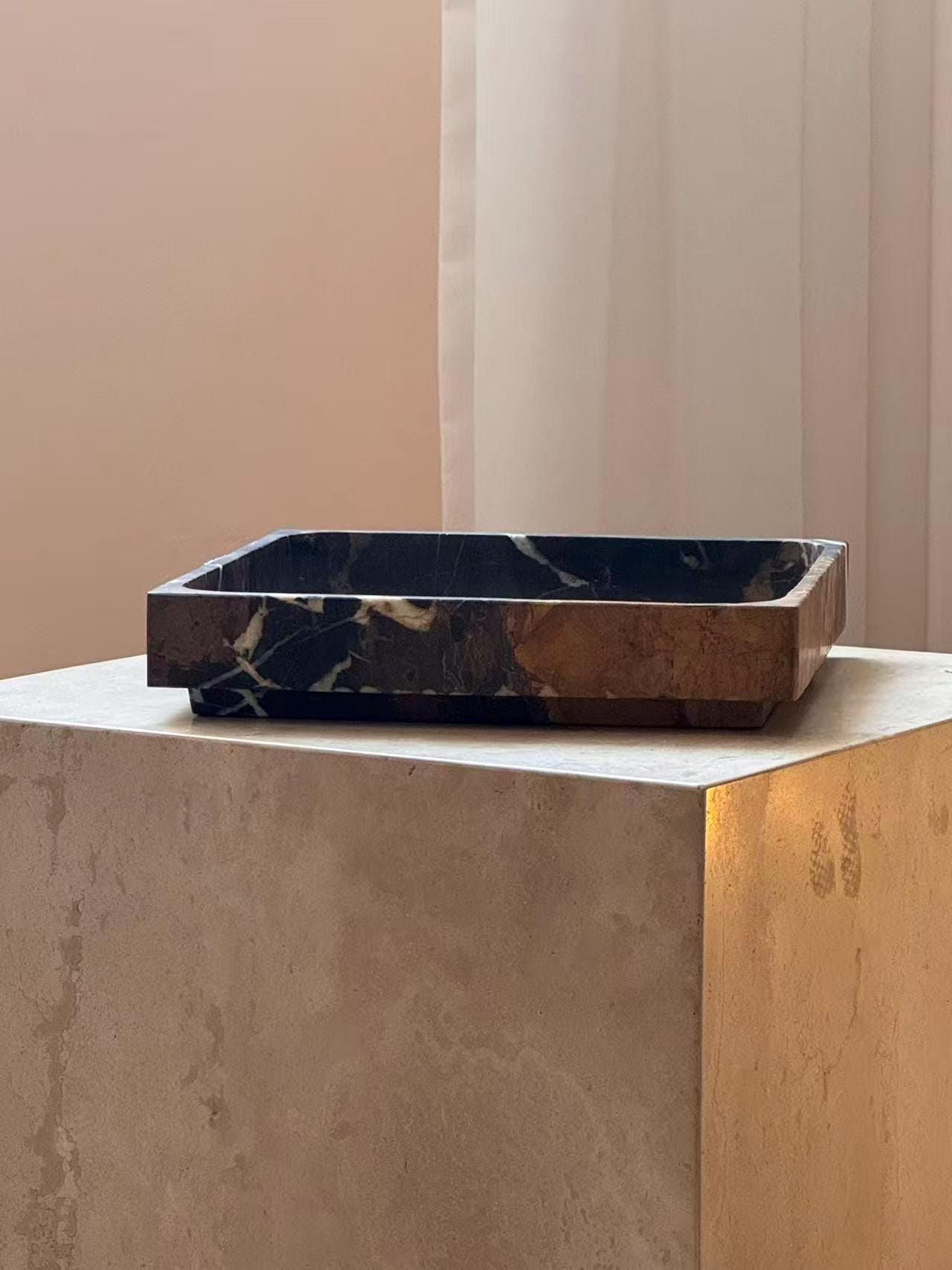 Nero Portoro Marble Square Tray – 20x20cm Stone Ottoman Serving Platter