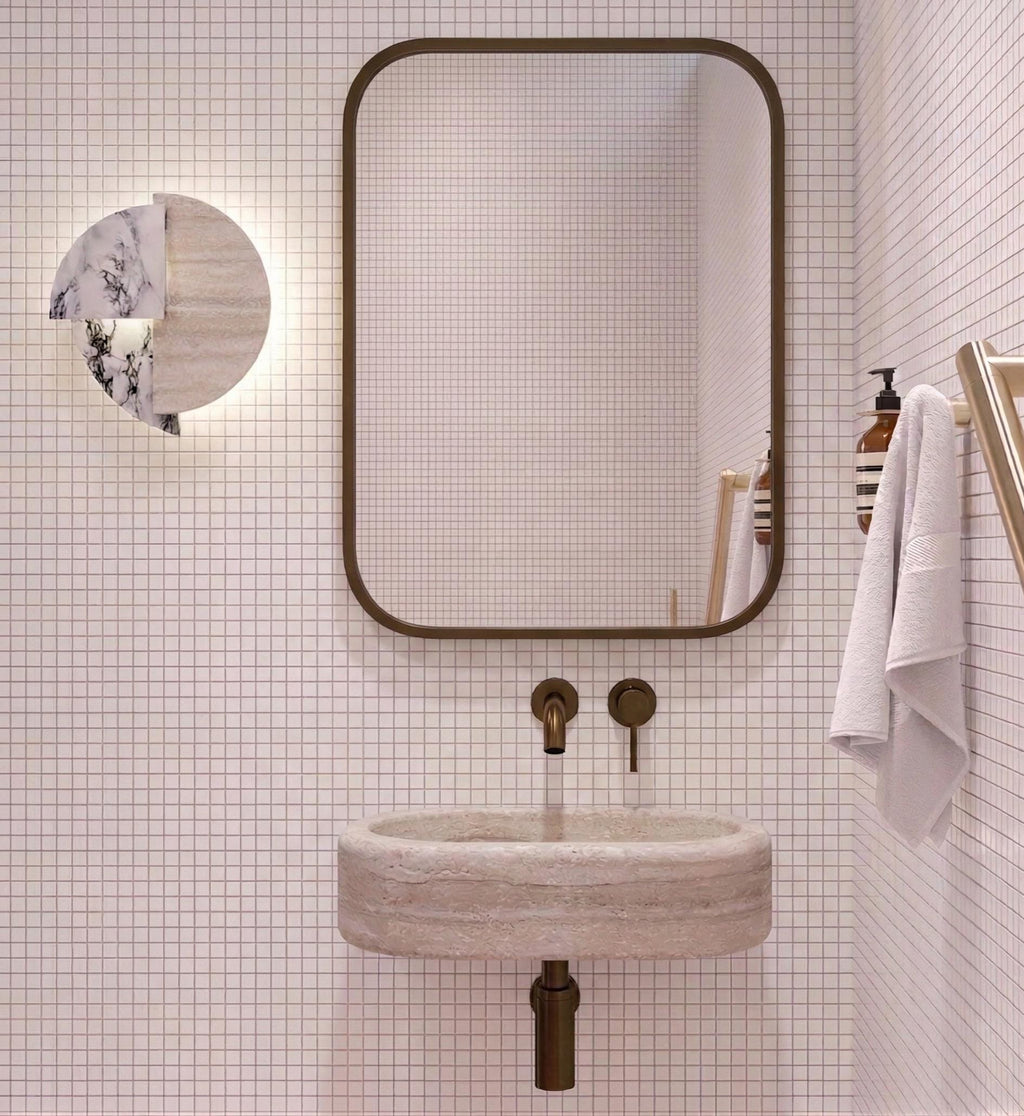 Modern Crema Marfil Round Edge Marble Sink, thick edge sink, Luxury Bathroom Vanity, Countertop Sink， Small Hand Basin