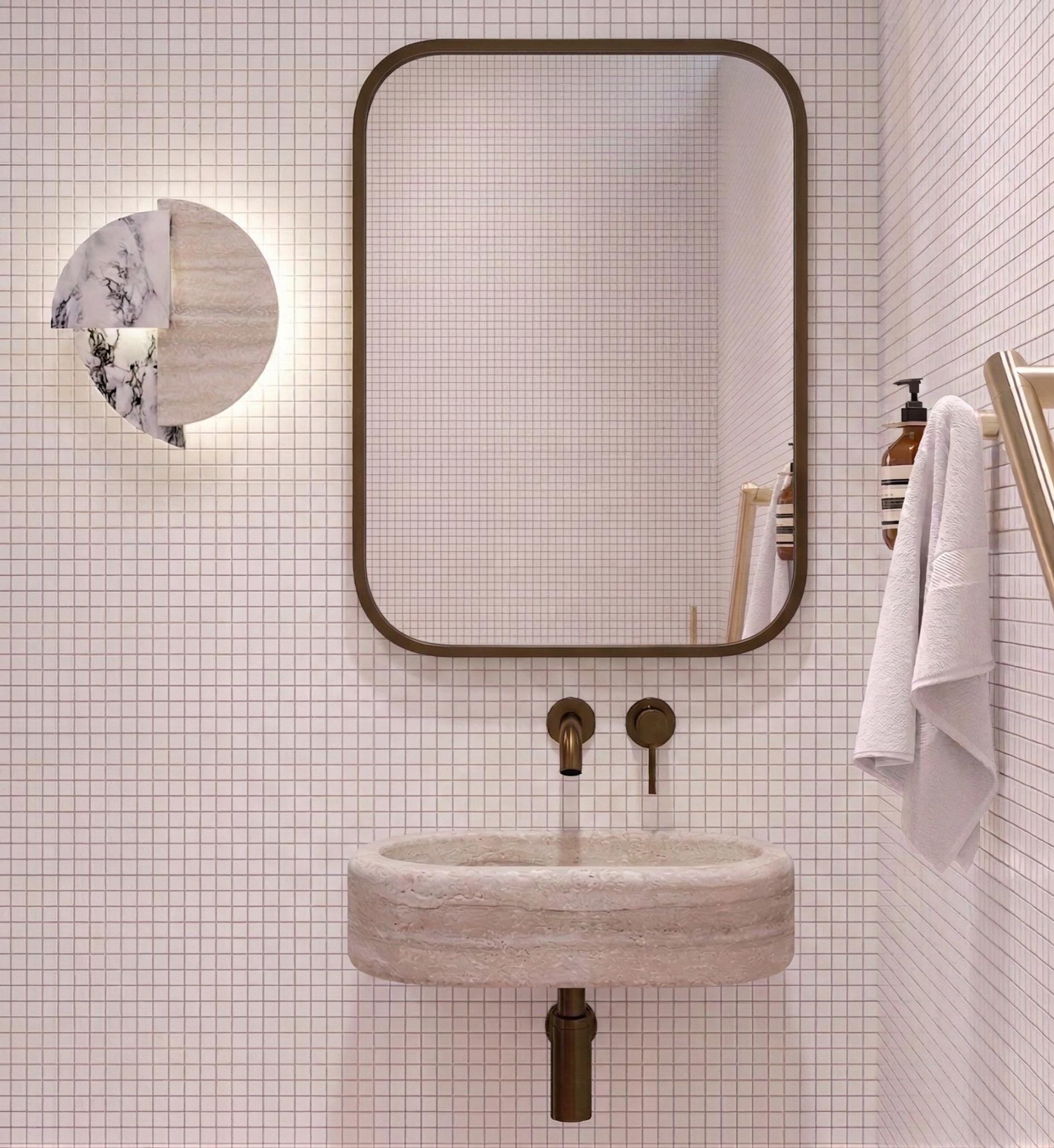 Modern Crema Marfil Round Edge Marble Sink, thick edge sink, Luxury Bathroom Vanity, Countertop Sink， Small Hand Basin