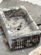 Hand Carved Calacatta Viola Marble Sink - Ribbed Bathroom Vanity Basin